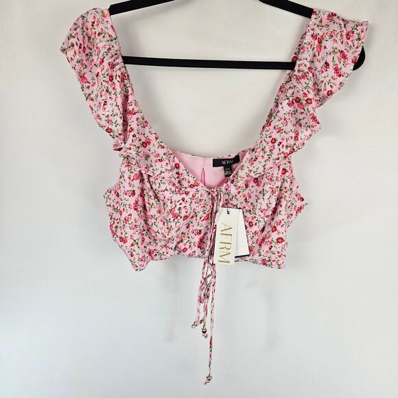 NWT AFRM Sienna Pastel Pink Floral Ruffle Cap Sleeve Adjustable Strap Crop Top L - Picture 9 of 12